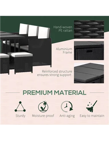 Outsunny Rattan Dining Set Garden Furniture Patio set 11 PC with Cushion Black /Milk White