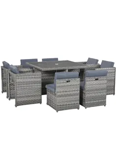 Outsunny 8 Seater Rattan Cube Garden Furniture Set with Parasol Hole, Rattan Dining Set with Cushions, Outdoor Dining Table and 