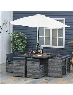 Outsunny 8 Seater Rattan Cube Garden Furniture Set with Parasol Hole, Rattan Dining Set with Cushions, Outdoor Dining Table and  2