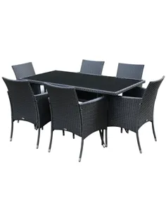 Outsunny 6 Seater Rattan Dining Set with Cushions, Rattan Garden Furniture Set with 6 Armchairs, Rectangular Glass Top Table, Ou
