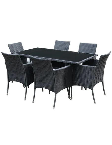 Outsunny 6 Seater Rattan Dining Set with Cushions, Rattan Garden Furniture Set with 6 Armchairs, Rectangular Glass Top Table, Ou