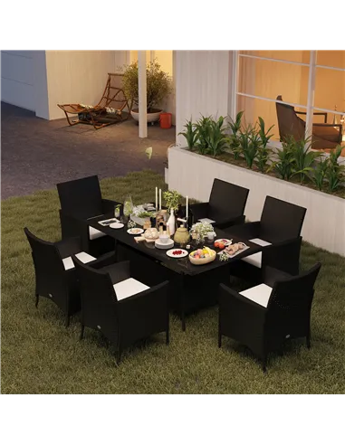 Outsunny 6 Seater Rattan Dining Set with Cushions, Rattan Garden Furniture Set with 6 Armchairs, Rectangular Glass Top Table, Ou