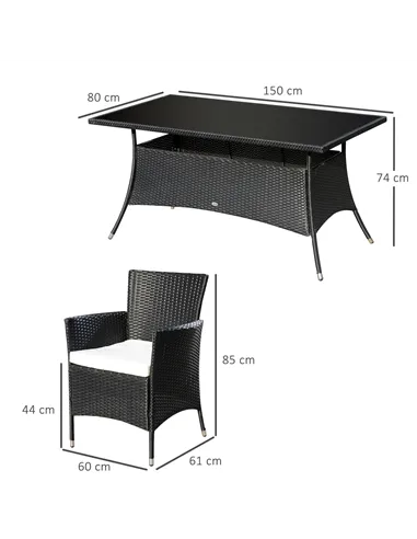 Outsunny 6 Seater Rattan Dining Set with Cushions, Rattan Garden Furniture Set with 6 Armchairs, Rectangular Glass Top Table, Ou