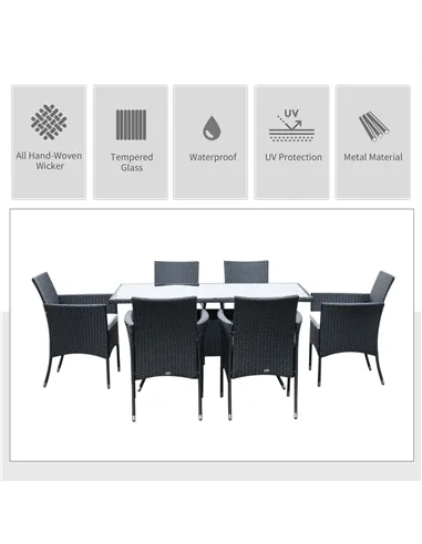Outsunny 6 Seater Rattan Dining Set with Cushions, Rattan Garden Furniture Set with 6 Armchairs, Rectangular Glass Top Table, Ou