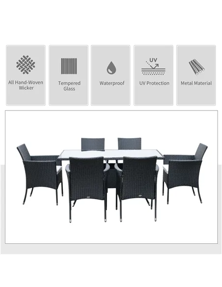 Outsunny 6 Seater Rattan Dining Set with Cushions, Rattan Garden Furniture Set with 6 Armchairs, Rectangular Glass Top Table, Ou