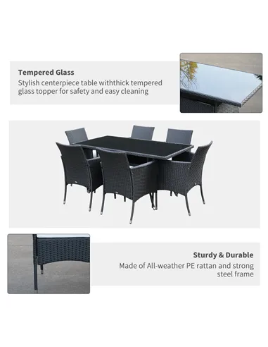 Outsunny 6 Seater Rattan Dining Set with Cushions, Rattan Garden Furniture Set with 6 Armchairs, Rectangular Glass Top Table, Ou
