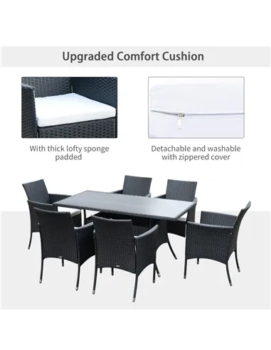 Outsunny 6 Seater Rattan Dining Set with Cushions, Rattan Garden Furniture Set with 6 Armchairs, Rectangular Glass Top Table, Ou