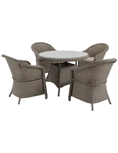 Outsunny 4 Seater Rattan Garden Furniture Set with Cushions, Round PE Rattan Dining Set with Glass-Top Table, Umbrella Hole, Out
