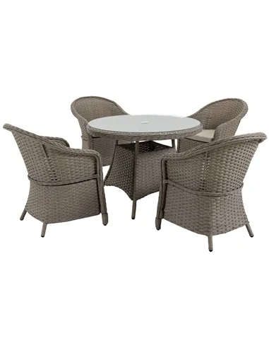 Outsunny 4 Seater Rattan Garden Furniture Set with Cushions, Round PE Rattan Dining Set with Glass-Top Table, Umbrella Hole, Out