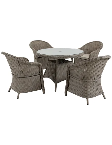 Outsunny 4 Seater Rattan Garden Furniture Set with Cushions, Round PE Rattan Dining Set with Glass-Top Table, Umbrella Hole, Out