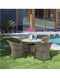 Outsunny 4 Seater Rattan Garden Furniture Set with Cushions, Round PE Rattan Dining Set with Glass-Top Table, Umbrella Hole, Out 2