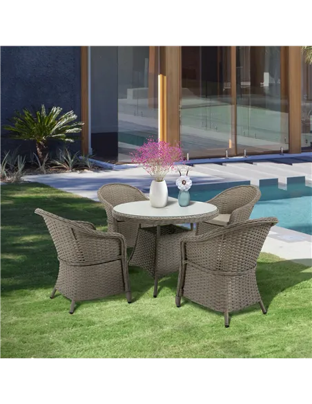 Outsunny 4 Seater Rattan Garden Furniture Set with Cushions, Round PE Rattan Dining Set with Glass-Top Table, Umbrella Hole, Out