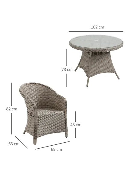 Outsunny 4 Seater Rattan Garden Furniture Set with Cushions, Round PE Rattan Dining Set with Glass-Top Table, Umbrella Hole, Out