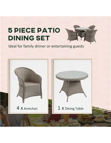 Outsunny 4 Seater Rattan Garden Furniture Set with Cushions, Round PE Rattan Dining Set with Glass-Top Table, Umbrella Hole, Out