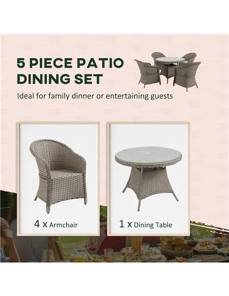 Outsunny 4 Seater Rattan Garden Furniture Set with Cushions, Round PE Rattan Dining Set with Glass-Top Table, Umbrella Hole, Out