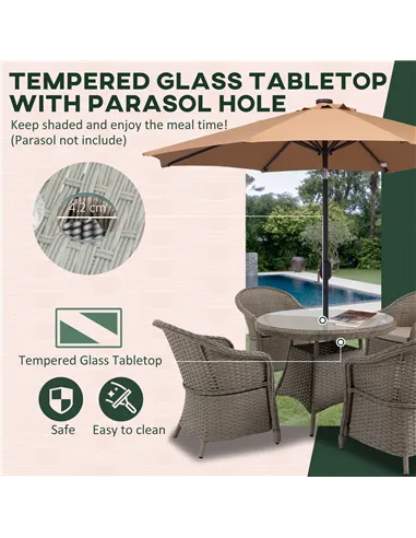 Outsunny 4 Seater Rattan Garden Furniture Set with Cushions, Round PE Rattan Dining Set with Glass-Top Table, Umbrella Hole, Out