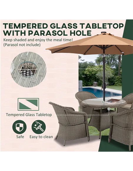 Outsunny 4 Seater Rattan Garden Furniture Set with Cushions, Round PE Rattan Dining Set with Glass-Top Table, Umbrella Hole, Out