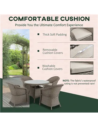 Outsunny 4 Seater Rattan Garden Furniture Set with Cushions, Round PE Rattan Dining Set with Glass-Top Table, Umbrella Hole, Out
