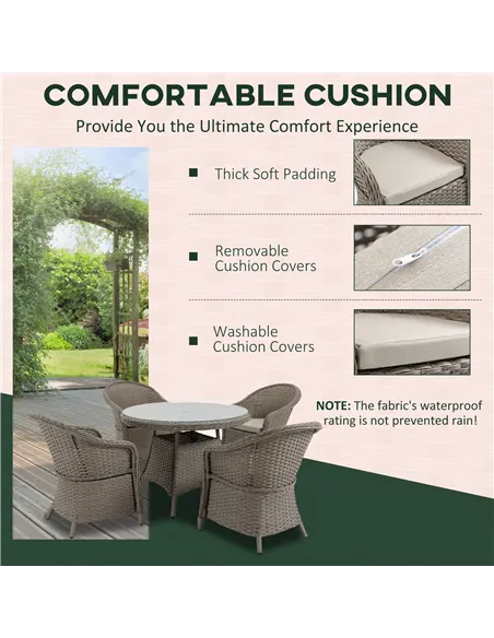 Outsunny 4 Seater Rattan Garden Furniture Set with Cushions, Round PE Rattan Dining Set with Glass-Top Table, Umbrella Hole, Out