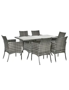 Outsunny 7-Piece Rattan Garden Furniture Set with Cushions, 6 Seater Garden Table and Chairs, Rattan Dining Set with 6 Armchairs