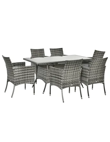 Outsunny 7-Piece Rattan Garden Furniture Set with Cushions, 6 Seater Garden Table and Chairs, Rattan Dining Set with 6 Armchairs