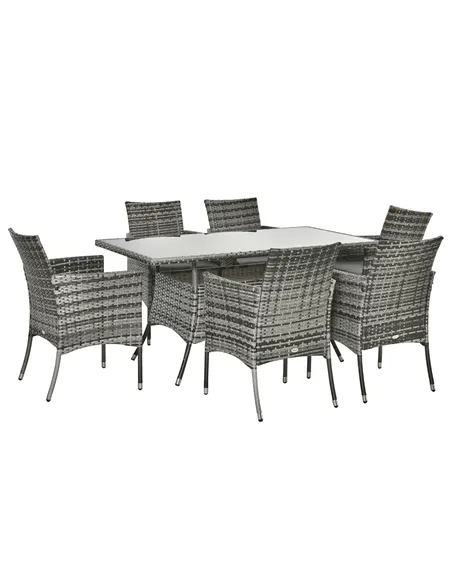 Outsunny 7-Piece Rattan Garden Furniture Set with Cushions, 6 Seater Garden Table and Chairs, Rattan Dining Set with 6 Armchairs