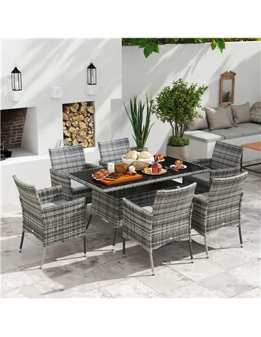 Outsunny 7-Piece Rattan Garden Furniture Set with Cushions, 6 Seater Garden Table and Chairs, Rattan Dining Set with 6 Armchairs