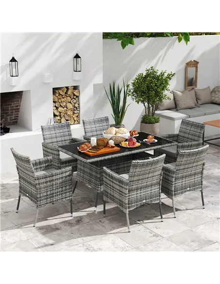 Outsunny 7-Piece Rattan Garden Furniture Set with Cushions, 6 Seater Garden Table and Chairs, Rattan Dining Set with 6 Armchairs