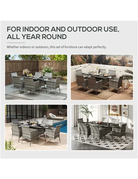 Outsunny 7-Piece Rattan Garden Furniture Set with Cushions, 6 Seater Garden Table and Chairs, Rattan Dining Set with 6 Armchairs