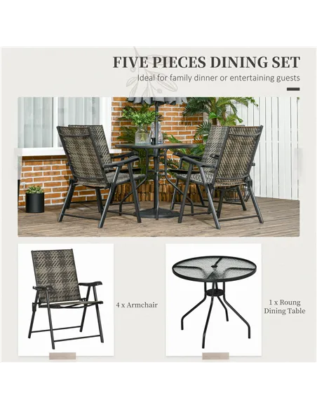 Outsunny 4 Seater Rattan Dining Set, Rattan Garden Furniture Set with Parasol Hole, Outdoor Dining Table and Chairs with 4 Armch