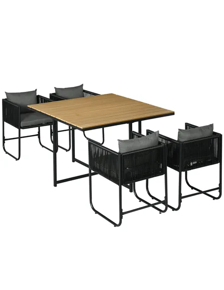 Outsunny 4 Seater Rattan Cube Garden Furniture Set, Rattan Dining Set with Cushions, Outdoor Dining Table and Chairs with Rectan