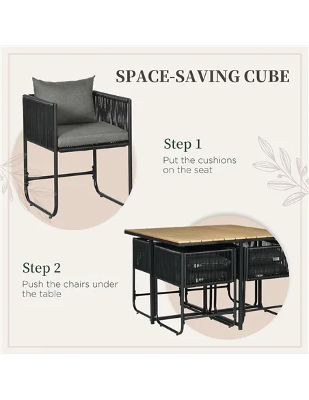 Outsunny 4 Seater Rattan Cube Garden Furniture Set, Rattan Dining Set with Cushions, Outdoor Dining Table and Chairs with Rectan