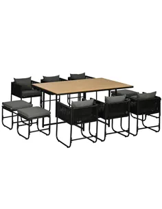 Outsunny 10 Seater Rattan Cube Garden Furniture Set, Rattan Dining Set with Cushions, Outdoor Dining Table and Chairs with 6 Arm