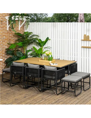 Outsunny 10 Seater Rattan Cube Garden Furniture Set, Rattan Dining Set with Cushions, Outdoor Dining Table and Chairs with 6 Arm