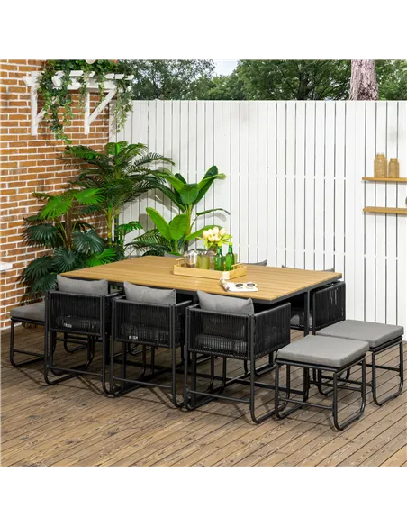 Outsunny 10 Seater Rattan Cube Garden Furniture Set, Rattan Dining Set with Cushions, Outdoor Dining Table and Chairs with 6 Arm