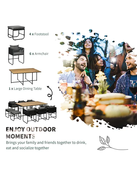 Outsunny 10 Seater Rattan Cube Garden Furniture Set, Rattan Dining Set with Cushions, Outdoor Dining Table and Chairs with 6 Arm