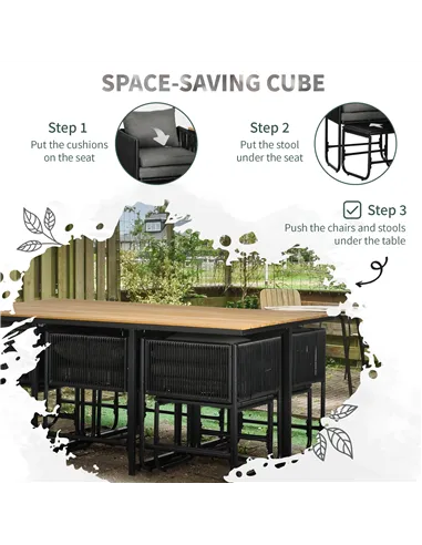 Outsunny 10 Seater Rattan Cube Garden Furniture Set, Rattan Dining Set with Cushions, Outdoor Dining Table and Chairs with 6 Arm
