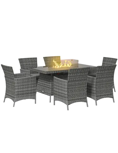 Outsunny 7 Pieces Outdoor Rattan Garden Furniture with Fire Pit Table, 6 Seater Garden Table and Chairs with Cushions, Rattan Di