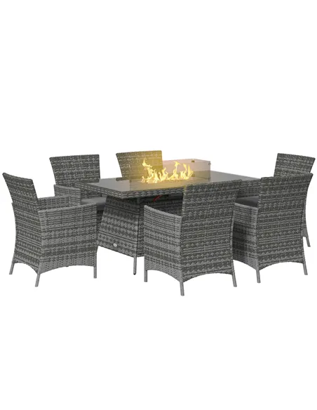 Outsunny 7 Pieces Outdoor Rattan Garden Furniture with Fire Pit Table, 6 Seater Garden Table and Chairs with Cushions, Rattan Di