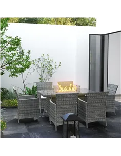 Outsunny 7 Pieces Outdoor Rattan Garden Furniture with Fire Pit Table, 6 Seater Garden Table and Chairs with Cushions, Rattan Di 2