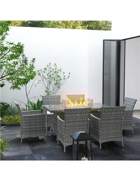 Outsunny 7 Pieces Outdoor Rattan Garden Furniture with Fire Pit Table, 6 Seater Garden Table and Chairs with Cushions, Rattan Di