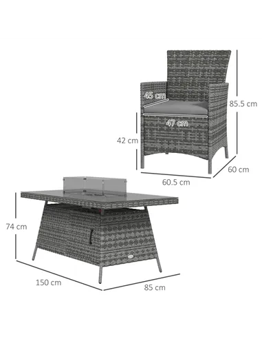 Outsunny 7 Pieces Outdoor Rattan Garden Furniture with Fire Pit Table, 6 Seater Garden Table and Chairs with Cushions, Rattan Di