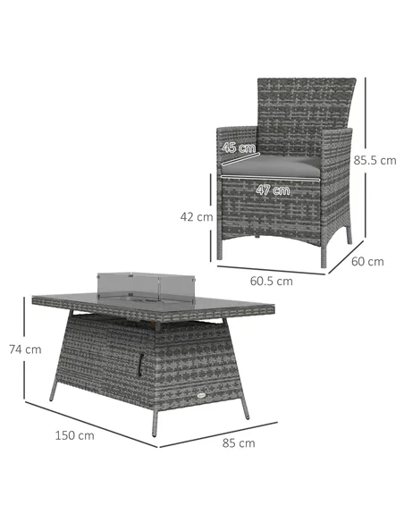Outsunny 7 Pieces Outdoor Rattan Garden Furniture with Fire Pit Table, 6 Seater Garden Table and Chairs with Cushions, Rattan Di