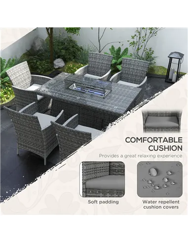 Outsunny 7 Pieces Outdoor Rattan Garden Furniture with Fire Pit Table, 6 Seater Garden Table and Chairs with Cushions, Rattan Di