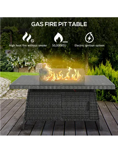 Outsunny 7 Pieces Outdoor Rattan Garden Furniture with Fire Pit Table, 6 Seater Garden Table and Chairs with Cushions, Rattan Di