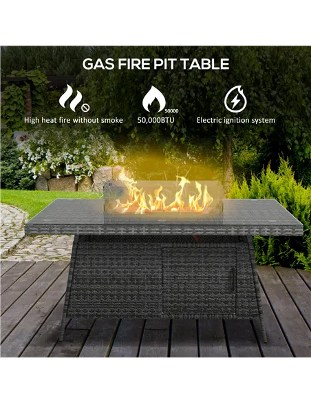 Outsunny 7 Pieces Outdoor Rattan Garden Furniture with Fire Pit Table, 6 Seater Garden Table and Chairs with Cushions, Rattan Di