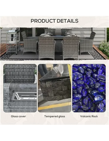 Outsunny 7 Pieces Outdoor Rattan Garden Furniture with Fire Pit Table, 6 Seater Garden Table and Chairs with Cushions, Rattan Di