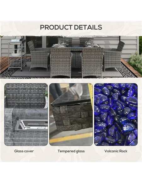 Outsunny 7 Pieces Outdoor Rattan Garden Furniture with Fire Pit Table, 6 Seater Garden Table and Chairs with Cushions, Rattan Di