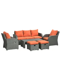 Outsunny Six-piece Outdoor Rattan Dining Set, Outdoor Sofa Set with Reclining Armchairs and Mental Frame, Orange