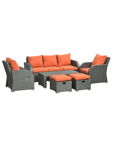 Outsunny Six-piece Outdoor Rattan Dining Set, Outdoor Sofa Set with Reclining Armchairs and Mental Frame, Orange